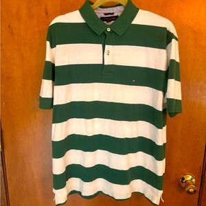 Tommy Hilfiger green and white strip golf polo shirt size L